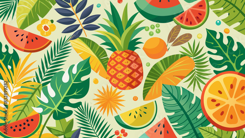 Vibrant tropical fruit and leaf pattern with pineapple watermelon and orange slices