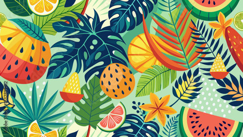 Vibrant tropical summer pattern featuring exotic fruits and lush green leaves in a flat design