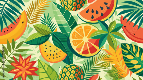 Vibrant tropical fruit and leaf pattern with watermelon orange pineapple and palm fronds