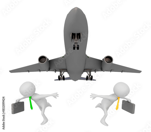 Verkehrsflugzeug mit 3D Figuren als rennende Geschäftsleute, Freisteller