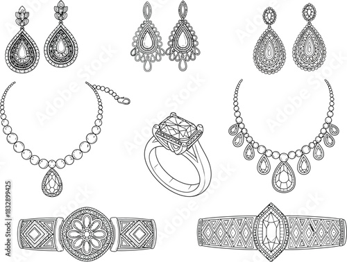 Elegant vintage ornate jewelry collection featuring necklaces earrings bracelets and ring detailed design