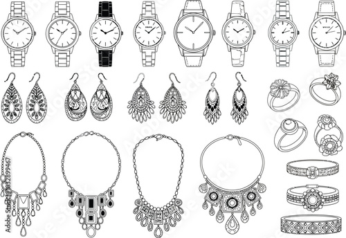 Collection of elegant jewelry and watches displayed in a clean organized and detailed illustration format