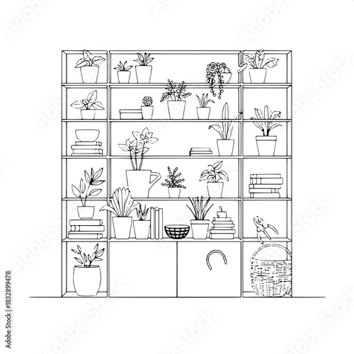 Minimalist interior design line drawing of a sleek shelving unit with clean lines and simple shapes, organized with a variety of potted plants with delicate leaves and slender stems, stacked books wit