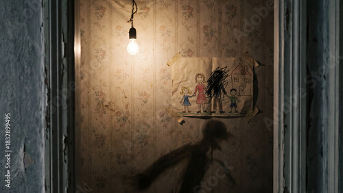 A blurred shadow of a child runs down a dark, derelict hallway. A single light bulb illuminates a spooky child's drawing on a peeling, stained wall.