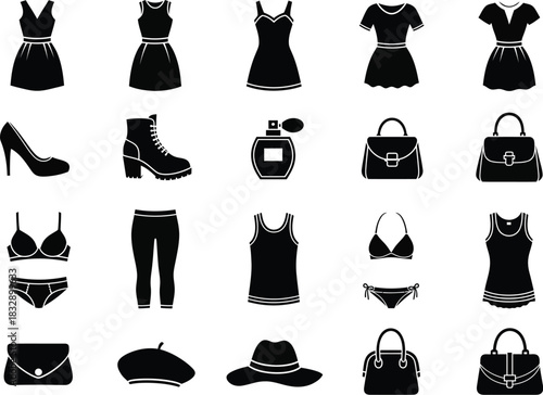 Collection of black fashion clothing and accessories icons for women including dresses shoes bags and hats