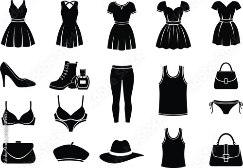 Collection of black silhouette fashion items including dresses shoes handbags lingerie and hats on white background