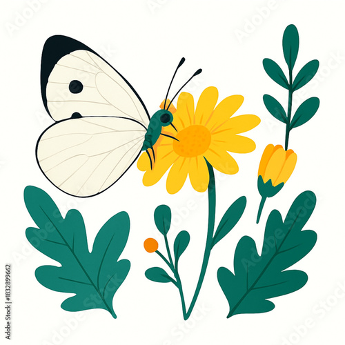 Minimalist and vibrant vector collection of different butterfly species sitting on spring and summer flowers. Flat design for digital projects, greeting cards, and nature-themed graphics.