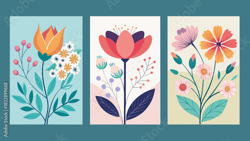 Three panels of colorful abstract floral illustrations with botanical elements and a modern flat design style