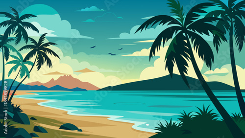 Stylized tropical beach landscape with palm trees calm turquoise ocean and distant mountains under a colorful sky
