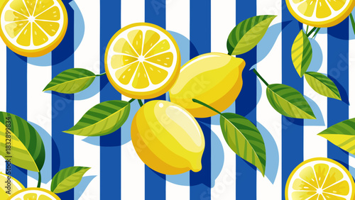 Vibrant yellow lemons and slices with green leaves against a bold blue and white striped background