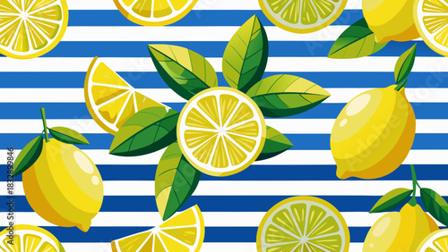 Vibrant yellow lemons and slices with green leaves scattered across a bold blue and white striped background