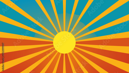 Bright yellow sun radiating warm orange and yellow light beams across a gradient blue sky