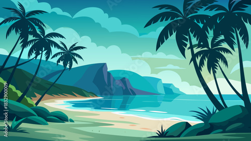 Serene tropical beach with palm trees calm turquoise ocean and majestic cliffs under a cloudy sky