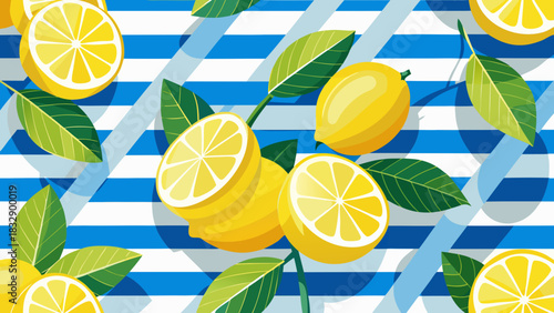 Bright yellow lemons and green leaves scattered across a vibrant blue and white striped background pattern