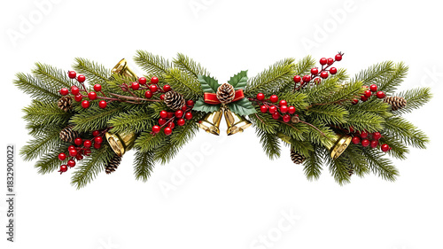A festive Christmas swag decoration with evergreen branches, red berries, pinecones, and golden bells isolated on a white background.