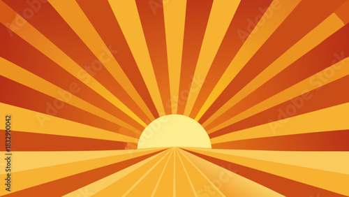 Stylized sunburst radiating from a bright yellow sun over a flat horizon and a converging road