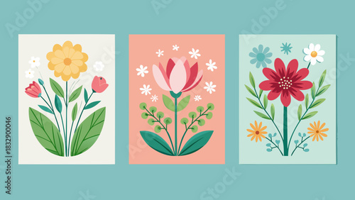 Three stylized floral illustrations with different colored backgrounds and flower designs