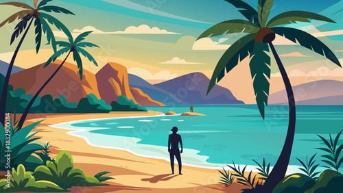 Silhouette of a person standing on a sandy beach looking out at a tropical ocean landscape at sunset