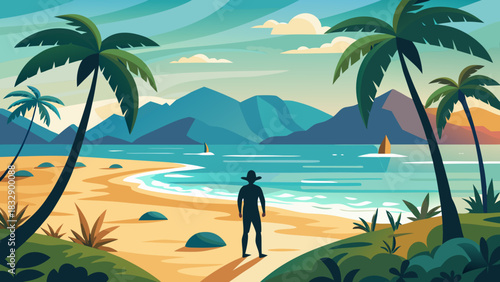 Man in hat gazes at tranquil tropical beach with palm trees and distant mountains