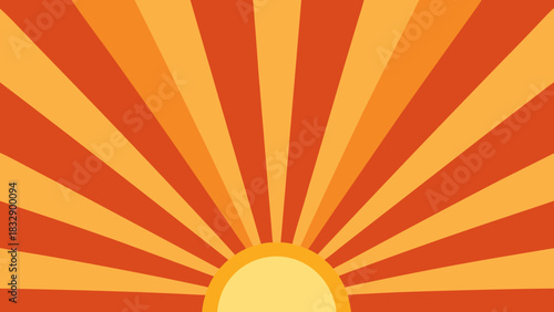 Bright orange and yellow sunburst pattern with a rising sun graphic in the foreground