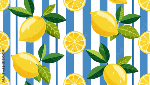 Seamless pattern of bright yellow lemons and citrus slices on a blue and white striped background