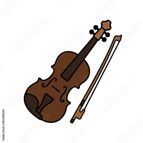 A brown violin and bow depicted in a flat vector art style against a stark black background perfect for musical themes and artistic representations