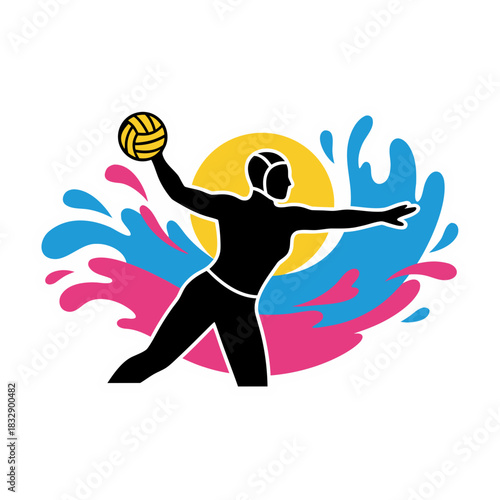 Water Polo Player Silhouette Throwing Ball Amidst Vibrant Splash of Pink and Blue Water Against a Yellow Sun Background Flat Vector Art