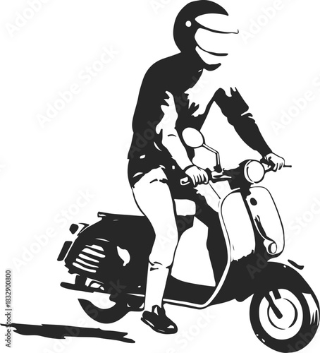 Man on Motorcycle Silhouette Vector Illustration. Scooter Abstract Minimal Drawing. Biker Modern Trendy Monochrome Illustration.