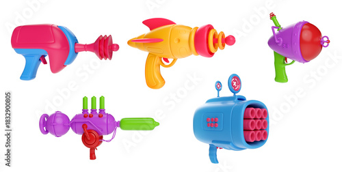 Set of futuristic space weapons, ray guns or laser blasters in cartoon retro style. 3d illustration child toy isolated on white background.