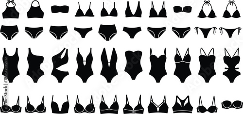 Women's Swimwear and Lingerie Set: Comprehensive Vector Collection of Bikini Tops, Bottoms, One-Piece Swimsuits, Monokinis, and Diverse Bra Silhouettes for Fashion.