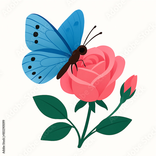 Minimalist and vibrant vector collection of different butterfly species sitting on spring and summer flowers. Flat design for digital projects, greeting cards, and nature-themed graphics.