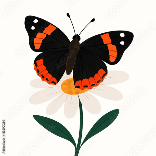 Minimalist and vibrant vector collection of different butterfly species sitting on spring and summer flowers. Flat design for digital projects, greeting cards, and nature-themed graphics.