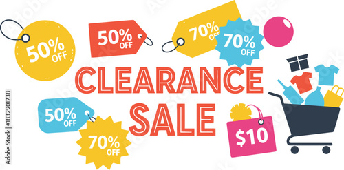 Colorful clearance sale advertisement isolated on white background