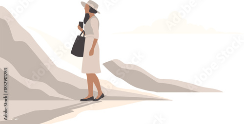 Woman in white dress walking on a sandy landscape
