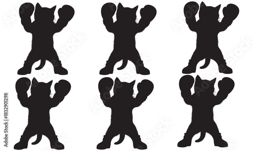 Six black cat silhouettes posed in a dynamic boxing stance against a white background