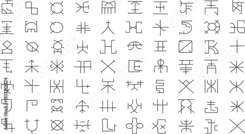 Collection of Abstract Geometric Shapes and Symbols Representing Ancient or Imaginary Writing Systems and Decorative Elements
