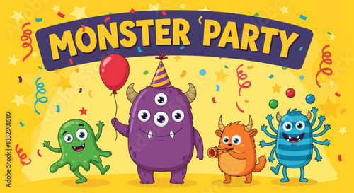 Halloween monster kids party vector banner design. Halloween monster kids party text with cute and happy cartoon characters for seasonal invitation card. Vector illustration holidays banner template.