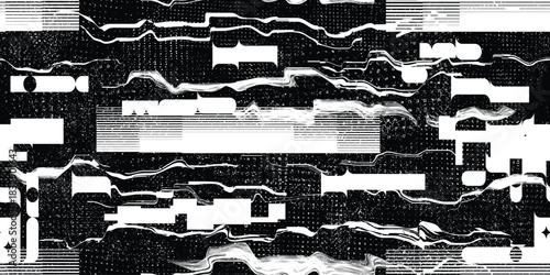 Glitch distorted grungy endless pattern . Cyber punk seamless pattern texture. Textured futuristic background . Glitched shapes with dots and lines .Screen print repeating pattern texture
