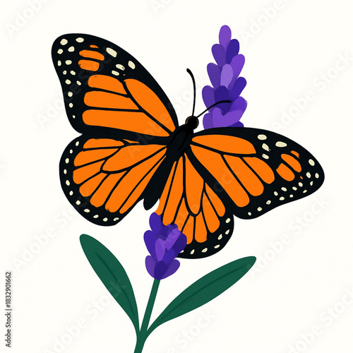 Minimalist and vibrant vector collection of different butterfly species sitting on spring and summer flowers. Flat design for digital projects, greeting cards, and nature-themed graphics.