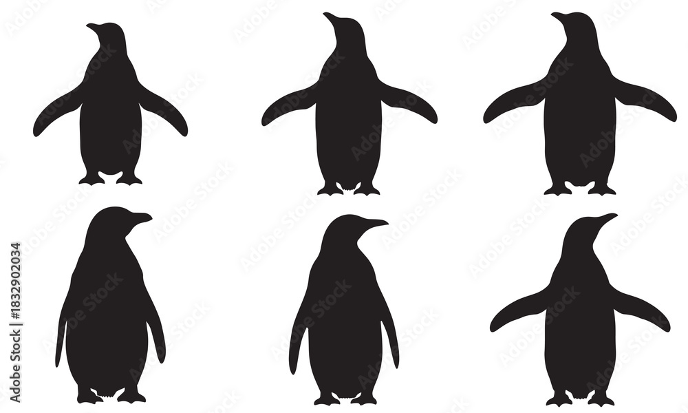 Naklejka premium Collection of six distinct penguin silhouettes displayed in various poses against a white background