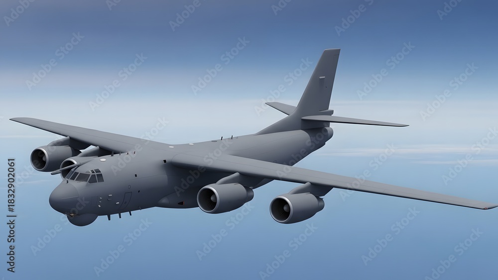 Obraz premium Large Grey Military Cargo Transport Aircraft Flying in Blue Sky 3D Render