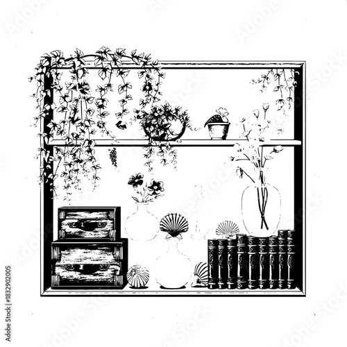 Fine-line botanical shelf illustration featuring cascading plants with delicate green leaves and vibrant colorful flowers, accompanied by worn wooden storage boxes with intricate carvings, and symmetr