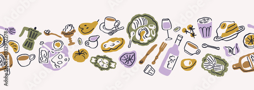 Breakfast food in doodle style, seamless horizontal pattern. Hand-drawn repeating print with snacks, drinks, coffee, fruits. Kitchen sketch drawings, endless design. Flat vector illustration.