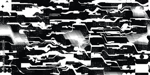 Glitch distorted grungy endless pattern . Cyber punk seamless pattern texture. Textured futuristic background . Glitched shapes with dots and lines .Screen print repeating pattern texture
