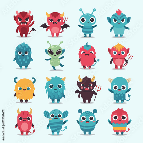 Cute cartoon vector monster icons in a flat style. Handdrawn stickers. Color baby cliparts. Big set of isolated halloween characters.
