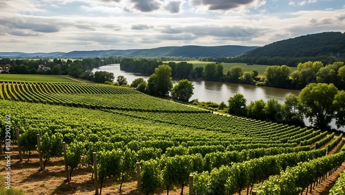 Breathtaking view of organized grapevine rows leading to a waterway in a lush rural valley setting.