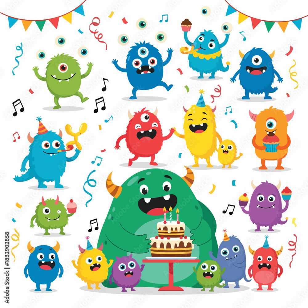 Obraz premium Funny cartoon six monsters set. Vector illustration. Design element