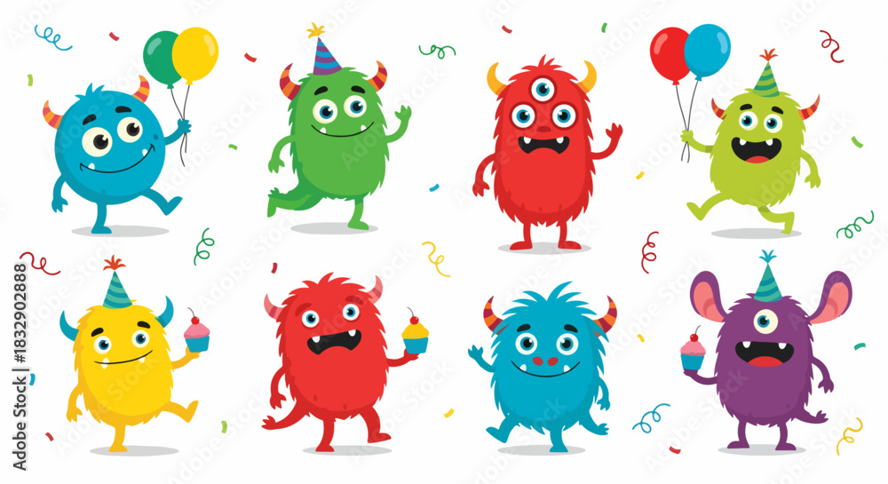 Obraz premium Monster characters with horns wings and big eyes. Vector flat illustration of cute monsters isolated on white background. Cartoon cute monsters with scary emotions.