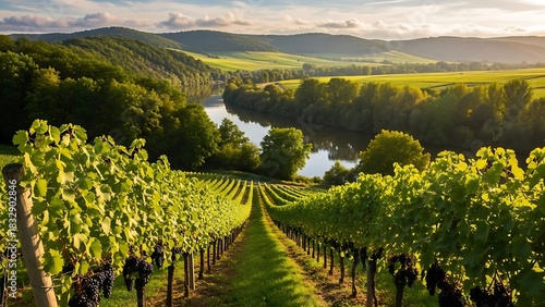 Breathtaking view of organized grapevine rows leading to a waterway in a lush rural valley setting.