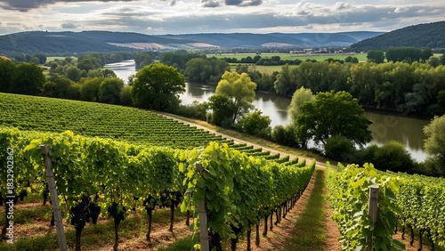 Breathtaking view of organized grapevine rows leading to a waterway in a lush rural valley setting.